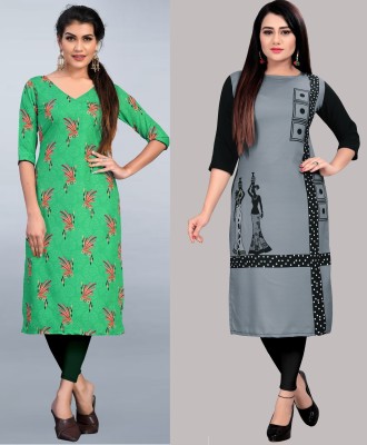 Modli 20 Fashion Women Printed Straight Kurta(Green, Grey)