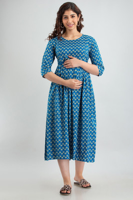 VARICOS Women Printed Flared Kurta(Blue)