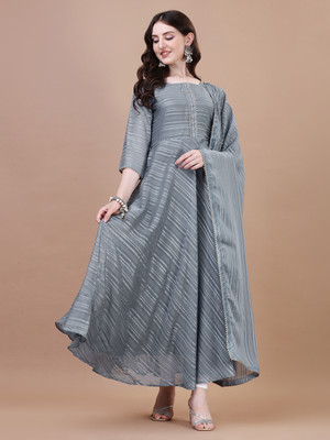 Nepyun Collection Women Printed Anarkali Kurta(Grey)