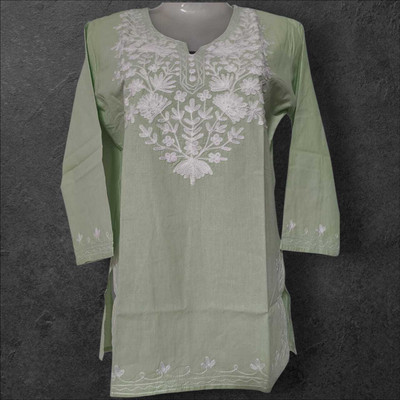 Anshi zari arts Women Chikan Embroidery, Embroidered A-line Kurta(Light Green)