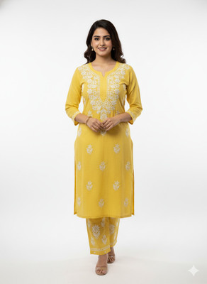 nafacreation Women Chikan Embroidery Ethnic Dress Kurta(Yellow)