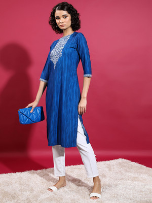 Vishudh Women Embroidered Straight Kurta(Blue)