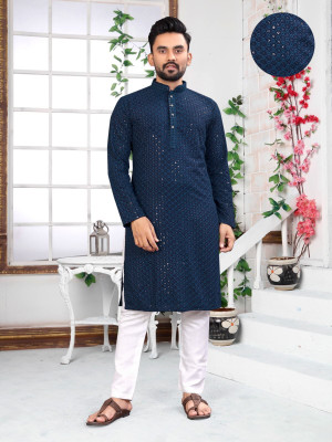 PoshSide Men Embellished Straight Kurta(Dark Blue)