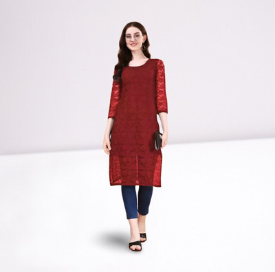 HOC's Women Self Design Straight Kurta(Maroon)