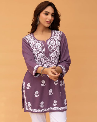 Estela Women Chikan Embroidery Straight Kurta(Purple)