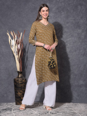 Mamoose Women Striped Ethnic Dress Kurta(Brown, White)