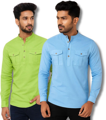 GOD HEART Men Solid Straight Kurta(Light Green, Light Blue)