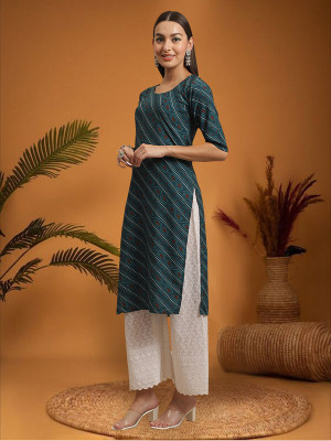 EthnicBasket Women Woven Design Straight Kurta(Red, White, Dark Blue)