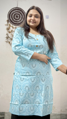 fashoraa Women Printed Straight Kurta(Light Blue)