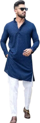 RS ENTERPRISES Men Self Design Straight Kurta(Black)