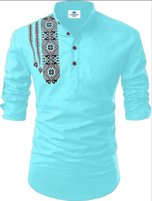 Fashion Marts Men Solid, Self Design Straight Kurta(Blue)
