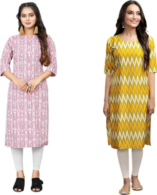 KAUTAQI Women Striped, Printed Straight Kurta(Multicolor)