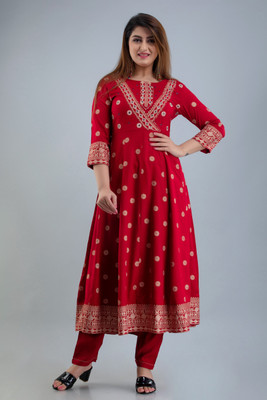 RAABA Women Printed Anarkali Kurta(Red)