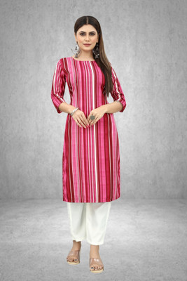 Maridiifashion Women Striped Straight Kurta(Pink)