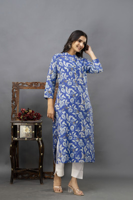 FebQ Women Floral Print Straight Kurta(Blue)