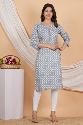 fabborn Women Printed Straight Kurta(Grey)