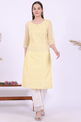 Aurelia Women Embroidered Straight Kurta(Yellow)