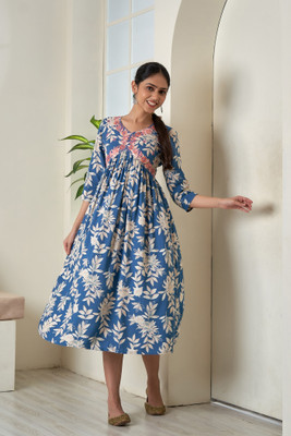 Dipanis Women Embroidered, Printed Flared Kurta(Blue, Pink, Beige)