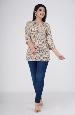 Radhe Fashion Casual Printed, Geometric Print, Ethnic Motifs Women Light Green Top