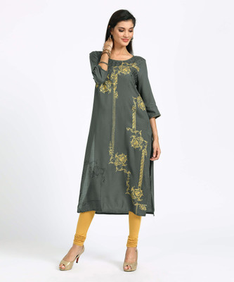 Aurelia Women Printed Straight Kurta(Grey)
