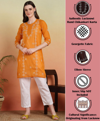 VAHSON Women Chikan Embroidery, Embroidered, Self Design Straight Kurta(Orange)