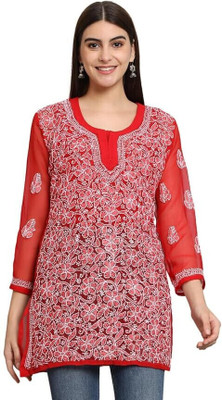 Neelam Chikan Women Embroidered Straight Kurta(Red)