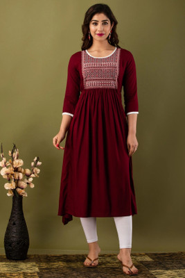 ANNU PARIDHAN Women Embroidered Flared Kurta(Brown)