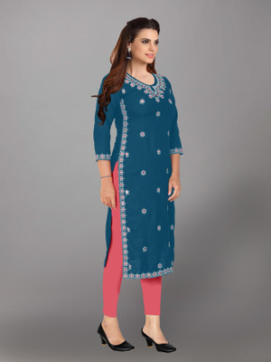 HouseOfCommon Women Embroidered Straight Kurta(Blue)