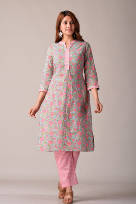 Kannahi Women Printed Straight Kurta(Light Blue)