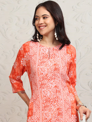 Vishudh Women Printed A-line Kurta(Orange)