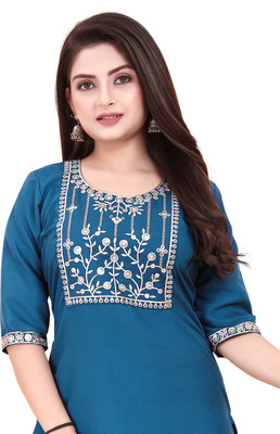 KNG TEXTILE Women Embroidered A-line Kurta(Blue)