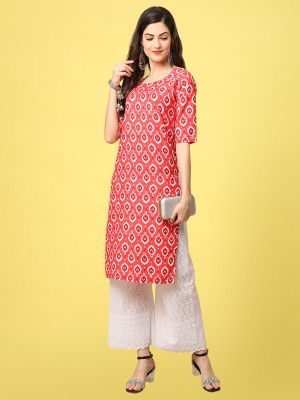 1 Stop Fashion Women Printed Straight Kurta(White, Red)