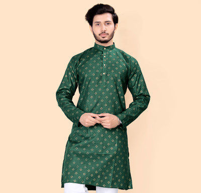 Nnc Men Geometric Print Straight Kurta(Dark Green)