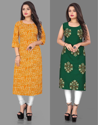 maruti fab Women Printed Straight Kurta(Green, Yellow)