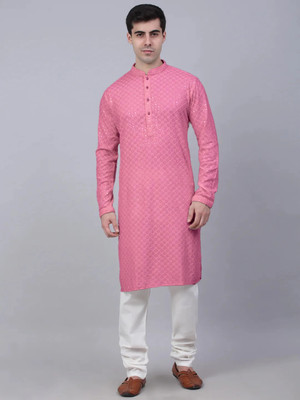 Triom Men Chikan Embroidery A-line Kurta(Pink)