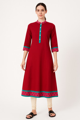 Cloth Stories Women Geometric Print, Solid A-line Kurta(Red)