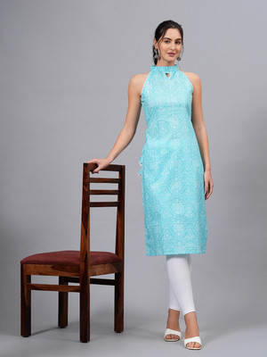 HouseOfCommon Women Bandhani Straight Kurta(Light Blue)