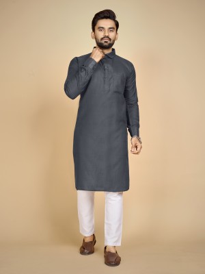 allan peter Men Solid Pathani Kurta(Grey)