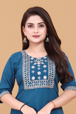 RIDDHI COLLECTION MALL Women Embroidered A-line Kurta(Blue)
