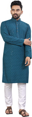ALMORA Men Embroidered A-line Kurta(Light Blue)