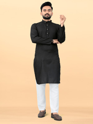 Ganesh Creation GC Men Solid Straight Kurta(Black)