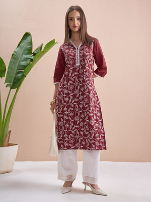 Vishudh Women Woven Design Straight Kurta(Brown)
