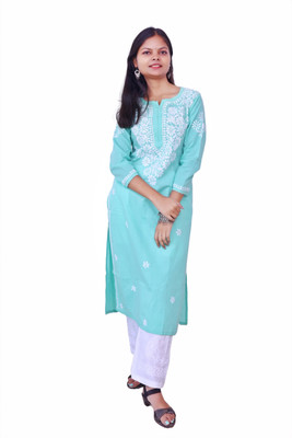 Ah creation Women Chikan Embroidery A-line Kurta(Blue)