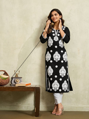 Lusiva Women Embroidered Straight Kurta(Black, White)