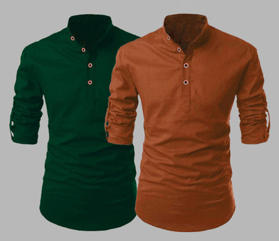 DEEMOON Men Solid Flared Kurta(Green, Orange)