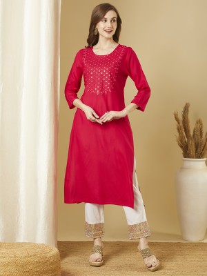 Fashor Women Embellished Straight Kurta(Pink)