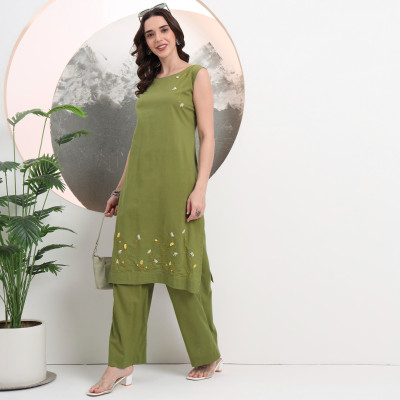 chikankarigari Women Embroidered A-line Kurta(Green)