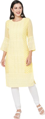 ANAYA Women Chikan Embroidery Straight Kurta(Yellow)