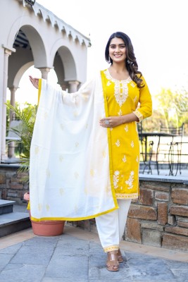 HEBA CREATION Women Embroidered A-line Kurta(Yellow, White)