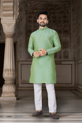 DHASU TRENDZ Men Checkered, Self Design Straight Kurta(Light Green)